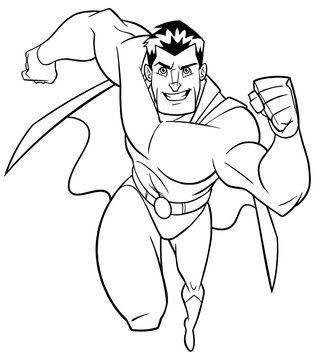 recommend clip art: Full length line art of a powerful and muscular superhero running fast during courageous mission isolated on white background for copy space.