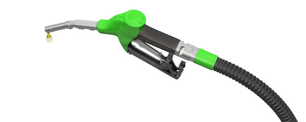 Green filling pistol (petrol pistol or oil dispenser) and a drop of petrol. 3d illustration. Isolated on white background.