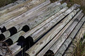 Pile of old treated wood fenceposts
