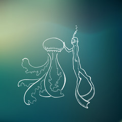 Diver touches the jellyfish