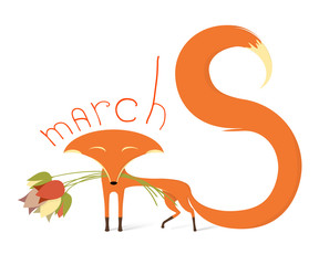 Fox with tulips in her teeth and curled tail in the form of eight to International Women's Day