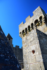 View of the walls, battlements, and defenses of the fortress of Beynac overlooking the Dordogne River in Aquitaine, France