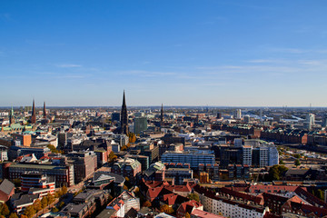 Naklejka premium City streets of Germany. Panoramic view of the city of Hamburg from a height. Photo of Hamburg from a height. Cityscape houses and streets.