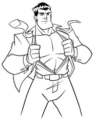 Line art illustration of businessman revealing his true identity of powerful superhero.