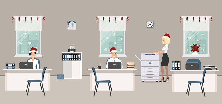 Office room, decorated with Christmas decoration. Young employees in Santa caps in the workplace. There is white furniture, blue chairs, a copy machine on a window background in the picture. Vector