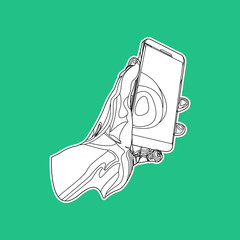 Black and white outline hand holding mobile phone sticker. Vector illustration on green background.