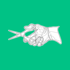 Black and white outline hand with scissors sticker. Vector illustration on green background.