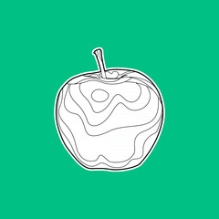 Black and white outline apple sticker. Vector illustration on green background.