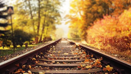 Fotobehang Kleurrijke herfstbladeren die op spoorlijnen vallen © konradbak