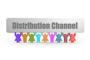 Distribution Channel word on a banner hold by group of puppets