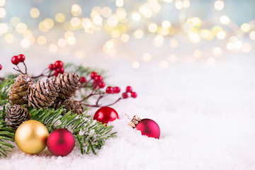 Naklejka na ściany i meble Christmas decoration in snow landscape with Bokeh lights