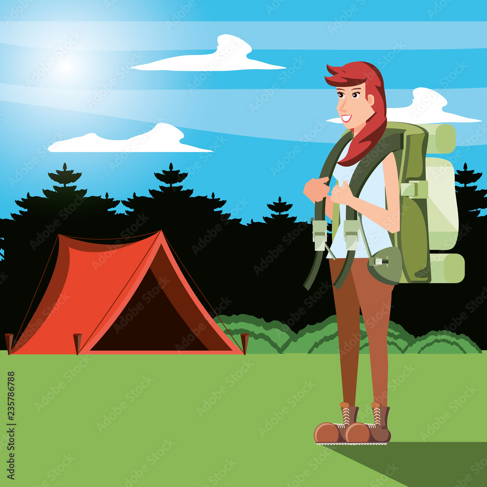 Poster woman tourist in camping zone