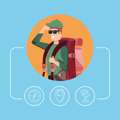man tourist with bag camping and set icons
