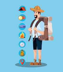 man tourist with bag camping and set icons