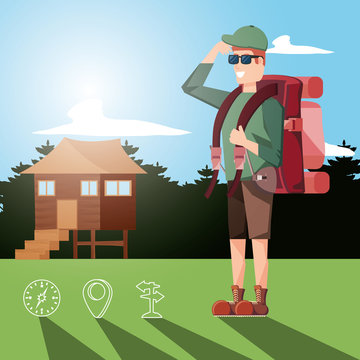 man tourist in camping zone and set icons