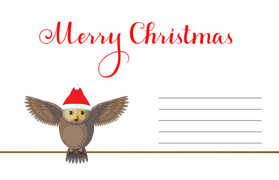Christmas Greeting card with cute brown owl wear red hat on white background.