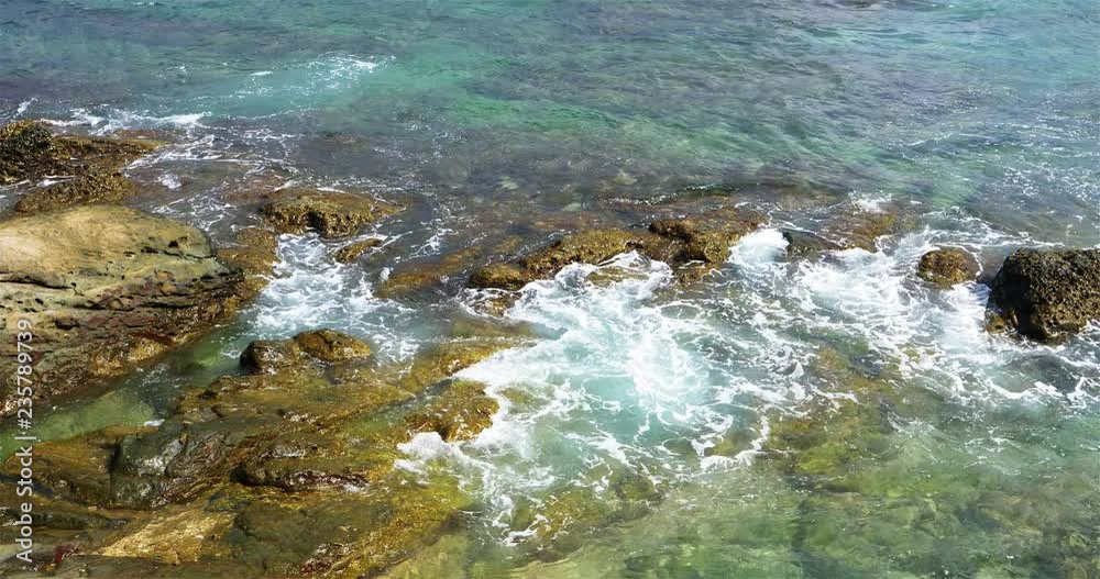 Poster Foaming and splashing wave in the Ocean, Sunny Day in Chaojing Park, Keelung City Taiwan