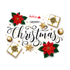 Fototapeta na wymiar Merry Christmas Calligraphic Inscription Decorated with Poinsettia Flower, Gift Box Golden Stars and Beads on White Background. Vector illustration