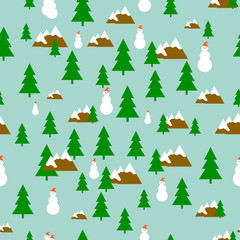 Pattern of green fir tree, white snowman in red hat and mountains on a blue background
