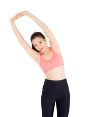Beautiful portrait young asian woman standing stretch muscle arm isolated on white background, girl wear sport clothes exercise and yoga for health, wellness concept.