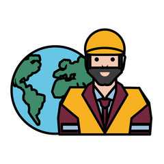 Obraz premium oil industry worker with earth planet