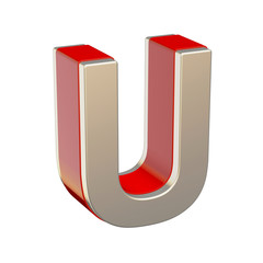 Alphabet letter U with red glass and metallic shell isolated on white background