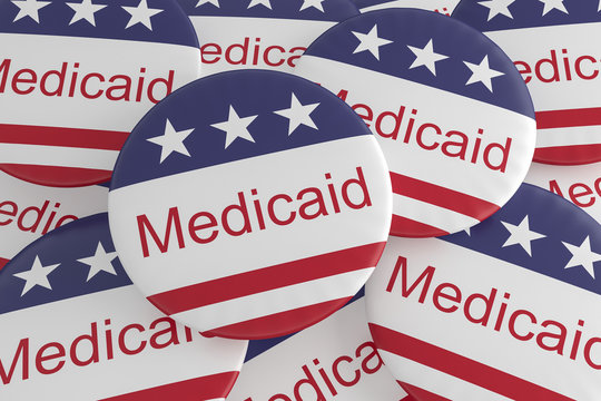 USA Politics News Badges: Pile of Medicaid Buttons With US Flag, 3d illustration