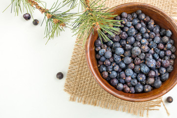 juniper berries in a bowl with a sprig
