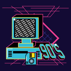 computer and diskette of nineties retro