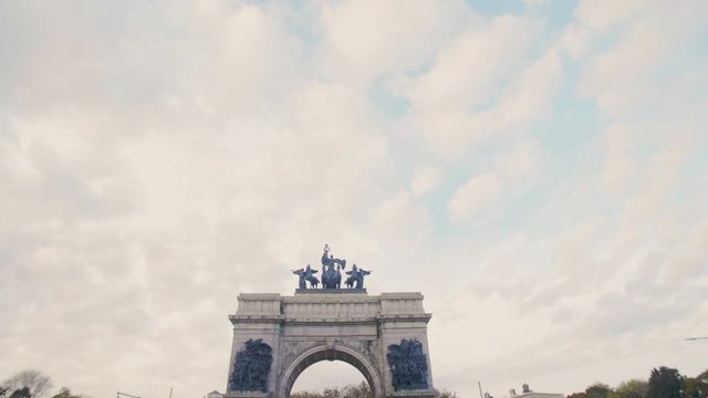 Gimbal shot of Grand Army Plaza on a cloudy day in Brooklyn