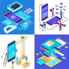 Mobile app development concept set. Modern technology and smartphone