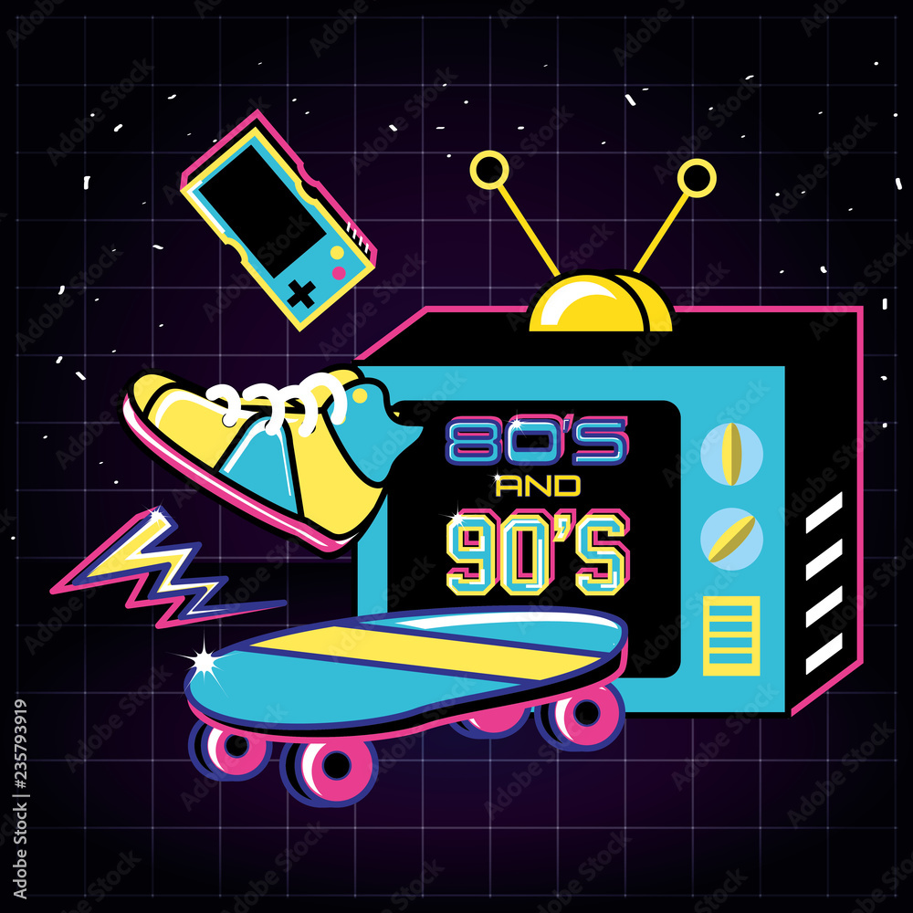 Poster televisor with icons of eighties and nineties retro