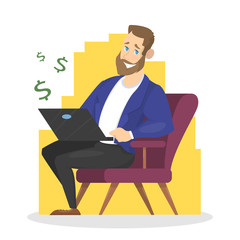 Happy freelancer character working at home on laptop