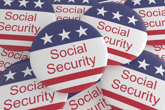 USA Politics News Badges: Pile of Social Security Buttons With US Flag, 3d illustration