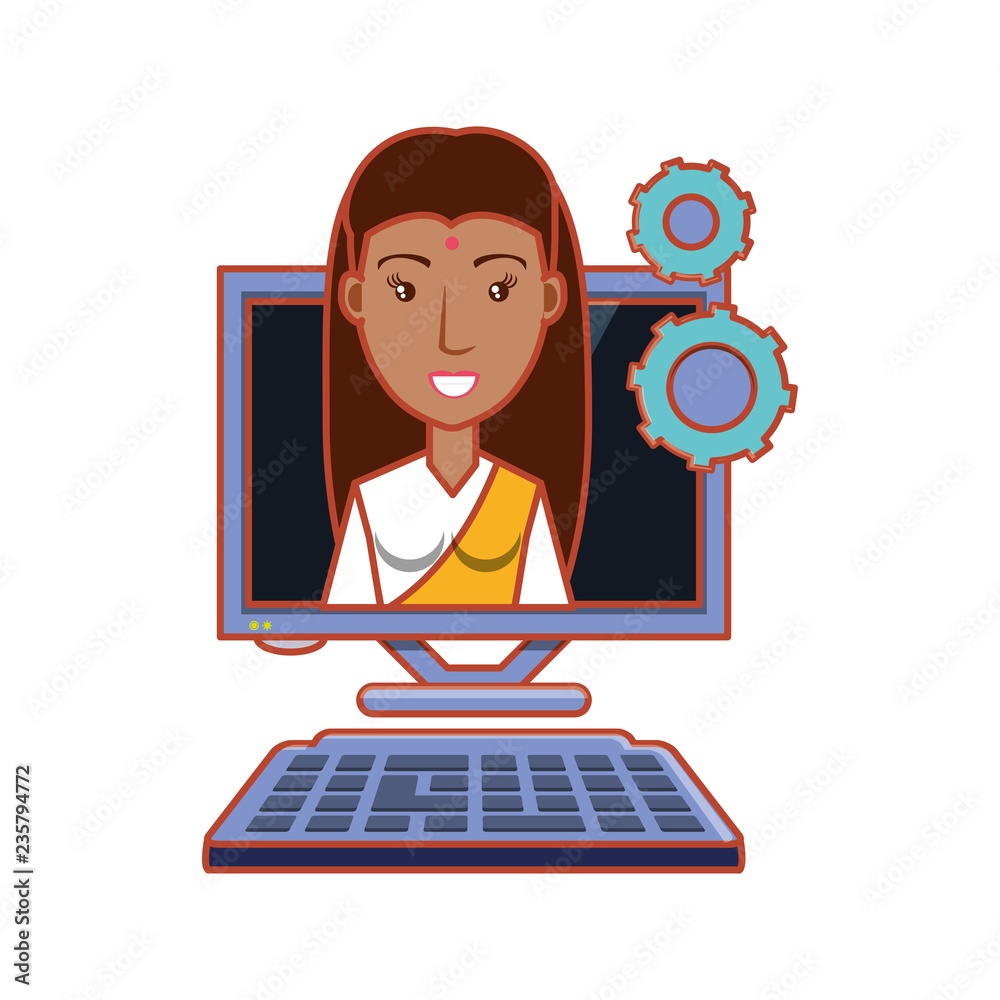 Sticker woman indian with computer desktop