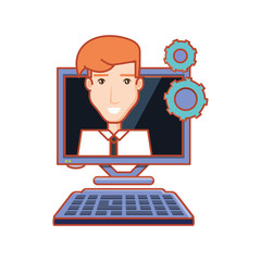 businessman with computer desktop and gears