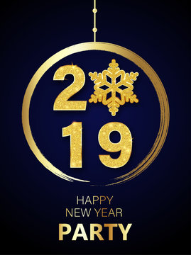 Happy New Year party 2019 poster with gold snowflake and Christmas ball.