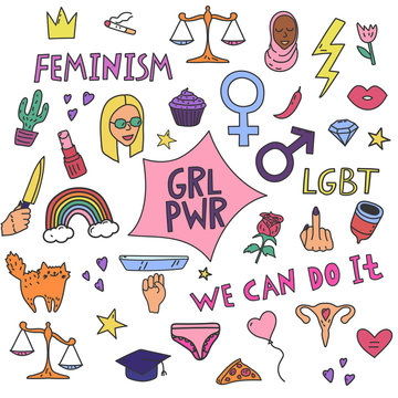 Big simple feminism set with protest symbols and text. Vector color illustration for web