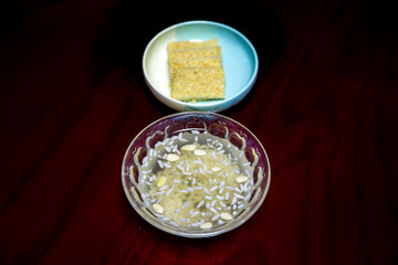 Korean traditional drink and desert, sikhye and tteok