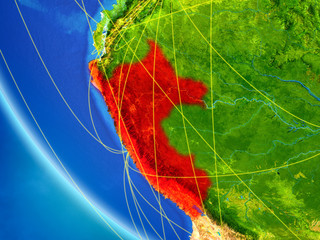 Peru on planet Earth from space with network. Concept of international communication, technology and travel.