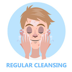 Face cleansing for skin beauty. Man washing his face
