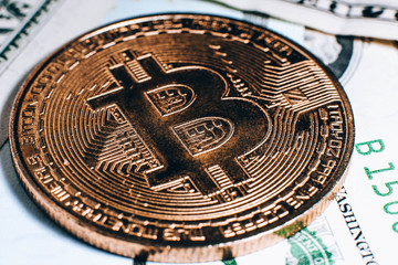  Bitcoin cryptocurrency, a coin on banknotes.