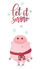 Cute piggy character in a winter scarf looking up.