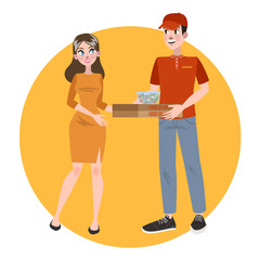 Fast pizza delivery boy courier holding box