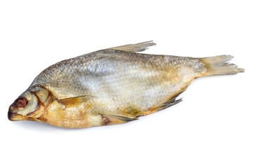 Dried salted fish isolated on white backdrop. Traditional russian snack to beer