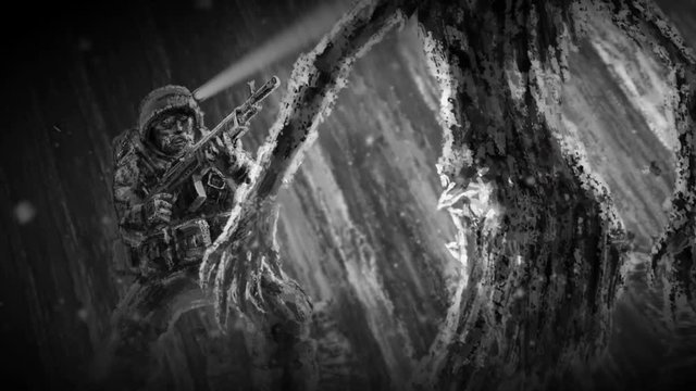Scared soldier shoots at mummy. Evil zombie attacks in a dark tomb. 2D animation in horror fantasy genre. Creepy animated backdrop movie. Motion graphics for VJ and music clips. Black and white color.