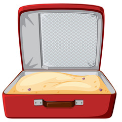 Red suitcase filled with sand