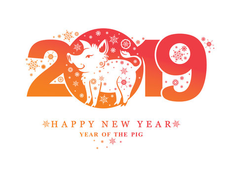 Year of the Pig 2019. New Years pattern 2019 and funny pig boar and snowflakes. Vector template New Year's design on the Chinese calendar. 