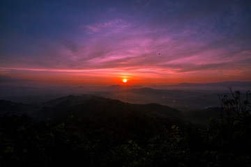 Natural wallpapers (mountains, morning light, fog, trees) scattered around, Lanscape background of fresh air and fresh air.