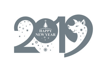 New Year 2019. Vector template with snowflakes and a head cute Pig Boar. Decorative element for festive design.
